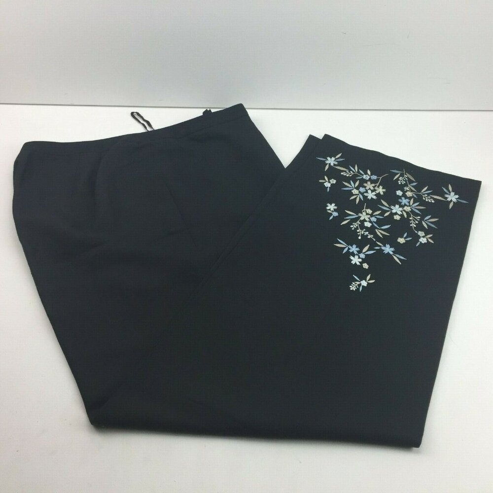 Charter Club Womens Black Blue Floral Embroidered Pants Slacks Linen Blend 14